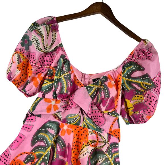 Crystal Sky Dresses & Skirts - Crystal Sky Women’s S Tiered Mini Dress Pink Ruffle V-Neck Tropical Print Resort